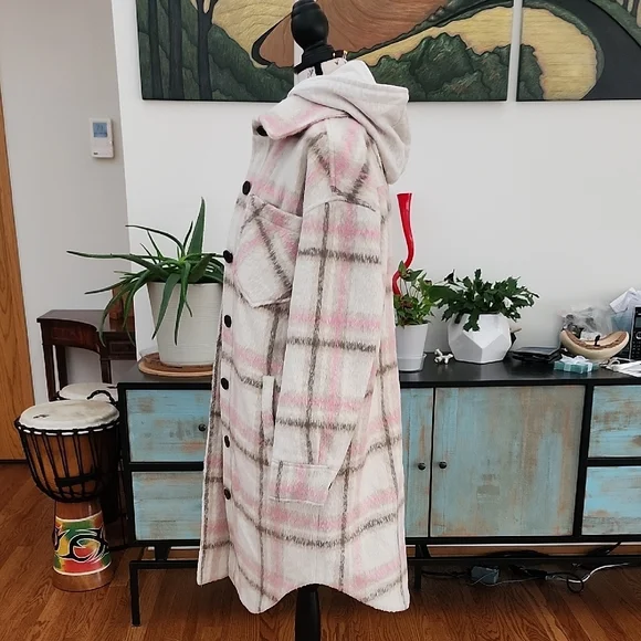 NEW - 7 FOR ALL MANKIND Pink & Cream Plaid Shacket Duster Coat - Picture 9 of 13